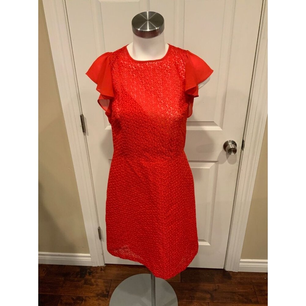 Michael Kors Red Textured Shift Dress W/ Flutter Sleeves, Size 6